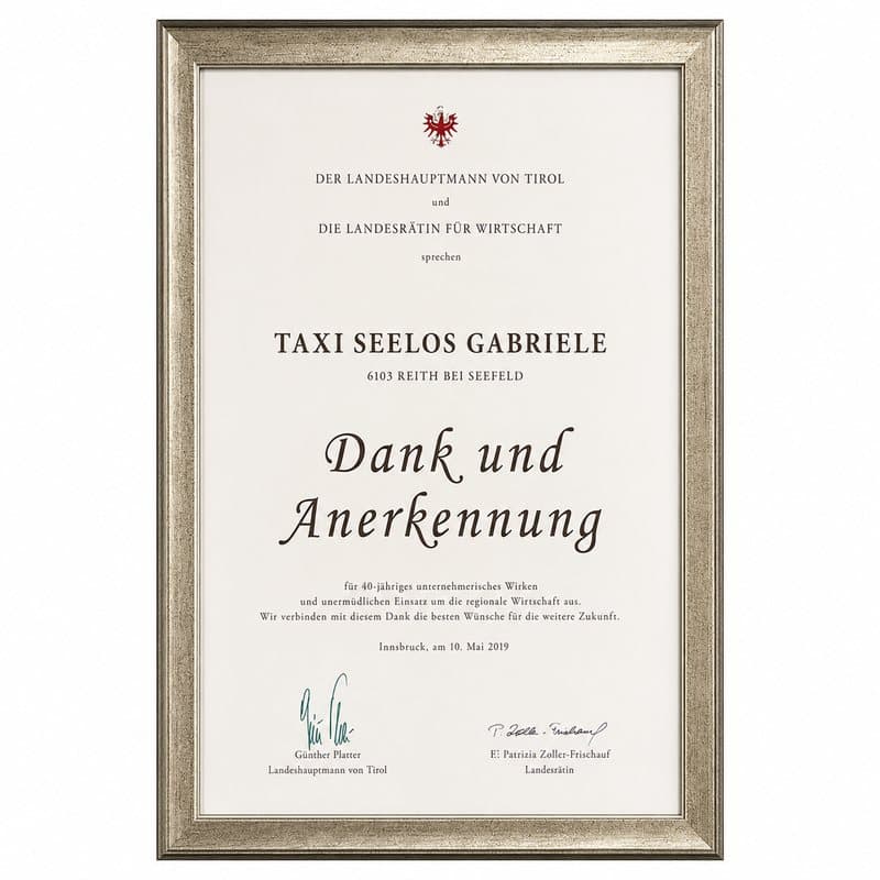 Urkunde Dank und Anerkennung des Landes Tirol für Taxi Seelos Gabriele
