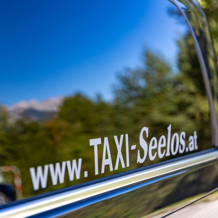 Schriftzug www.TAXI-Seelos.at an der Seitenscheibe